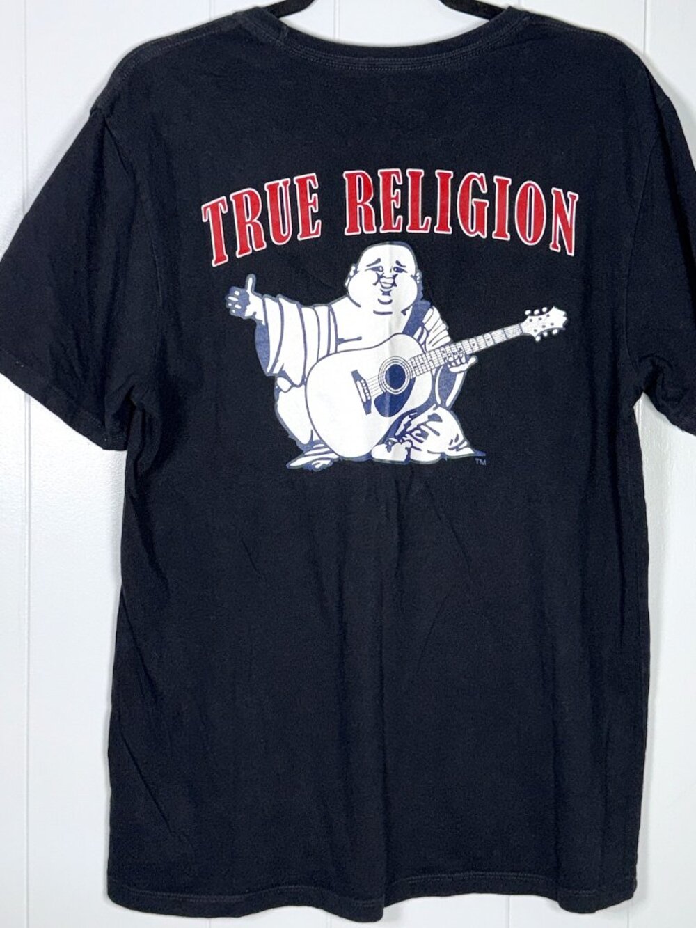 True Religion World Tour Buddha Guitar Logo Black Red Cotton Crew Neck T-Shirt L